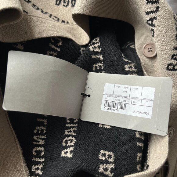NWT Balenciaga Cardigan Sweater Dark Beige Allover Logo Knit Wool Blend V-Neck - Picture 12 of 12